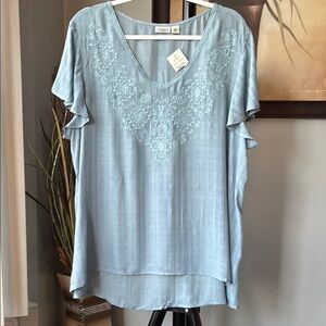 Cato Sky Blue Embroidered V-Neck Blouse‎